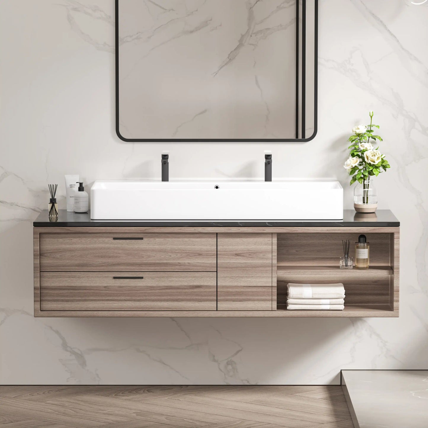 Turner 43" x 16.5" Rectangular Vessel Ceramic Wall Mount Bathroom Sink in White, Two Faucet Holes