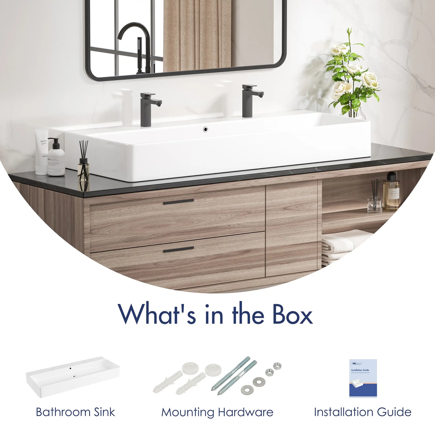 Turner 43" x 16.5" Rectangular Vessel Ceramic Wall Mount Bathroom Sink in White, Two Faucet Holes