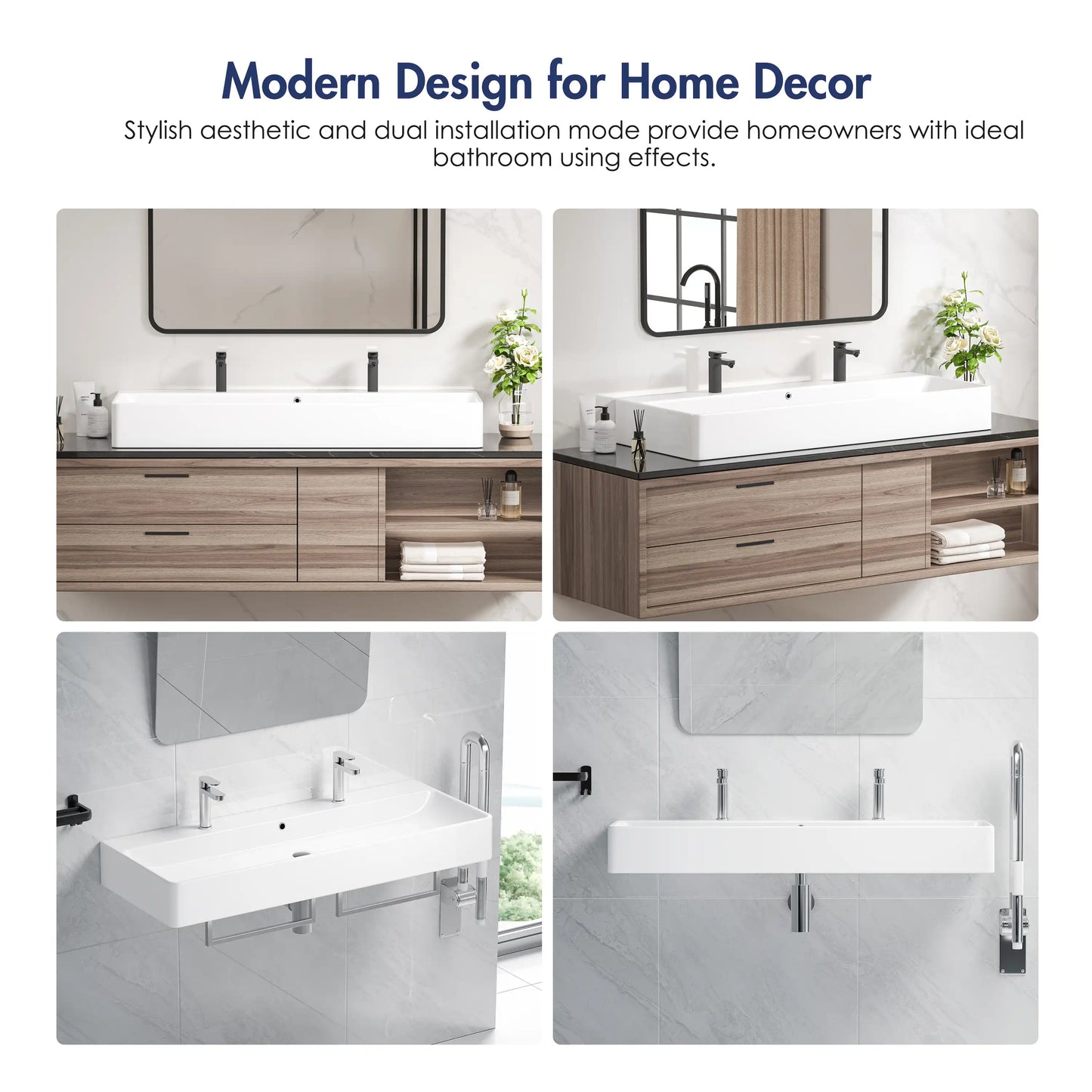 Turner 43" x 16.5" Rectangular Vessel Ceramic Wall Mount Bathroom Sink in White, Two Faucet Holes