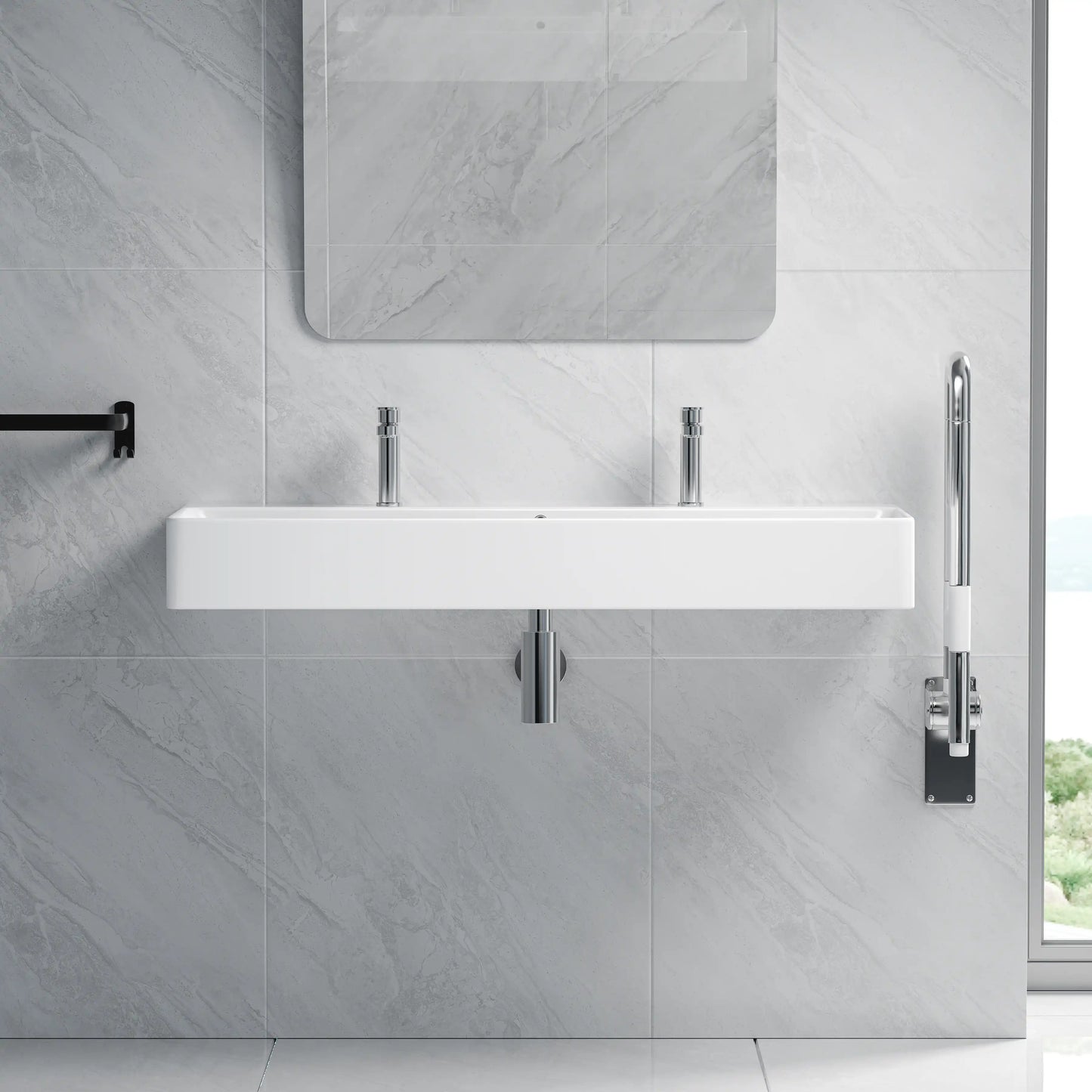 Turner 43" x 16.5" Rectangular Vessel Ceramic Wall Mount Bathroom Sink in White, Two Faucet Holes