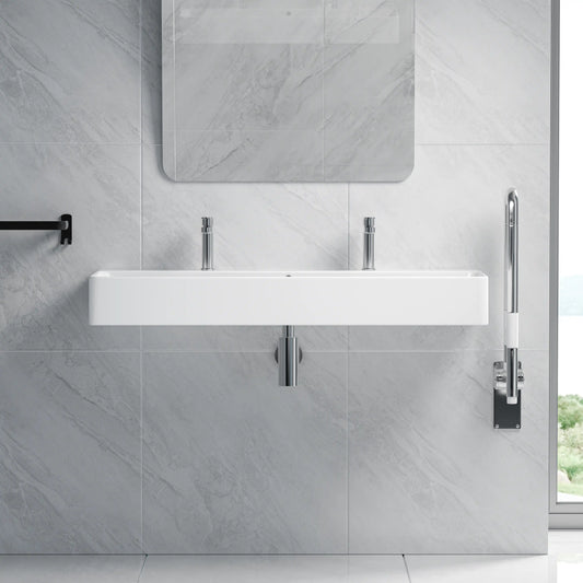 Turner 43" x 16.5" Rectangular Vessel Ceramic Wall Mount Bathroom Sink in White, Two Faucet Holes