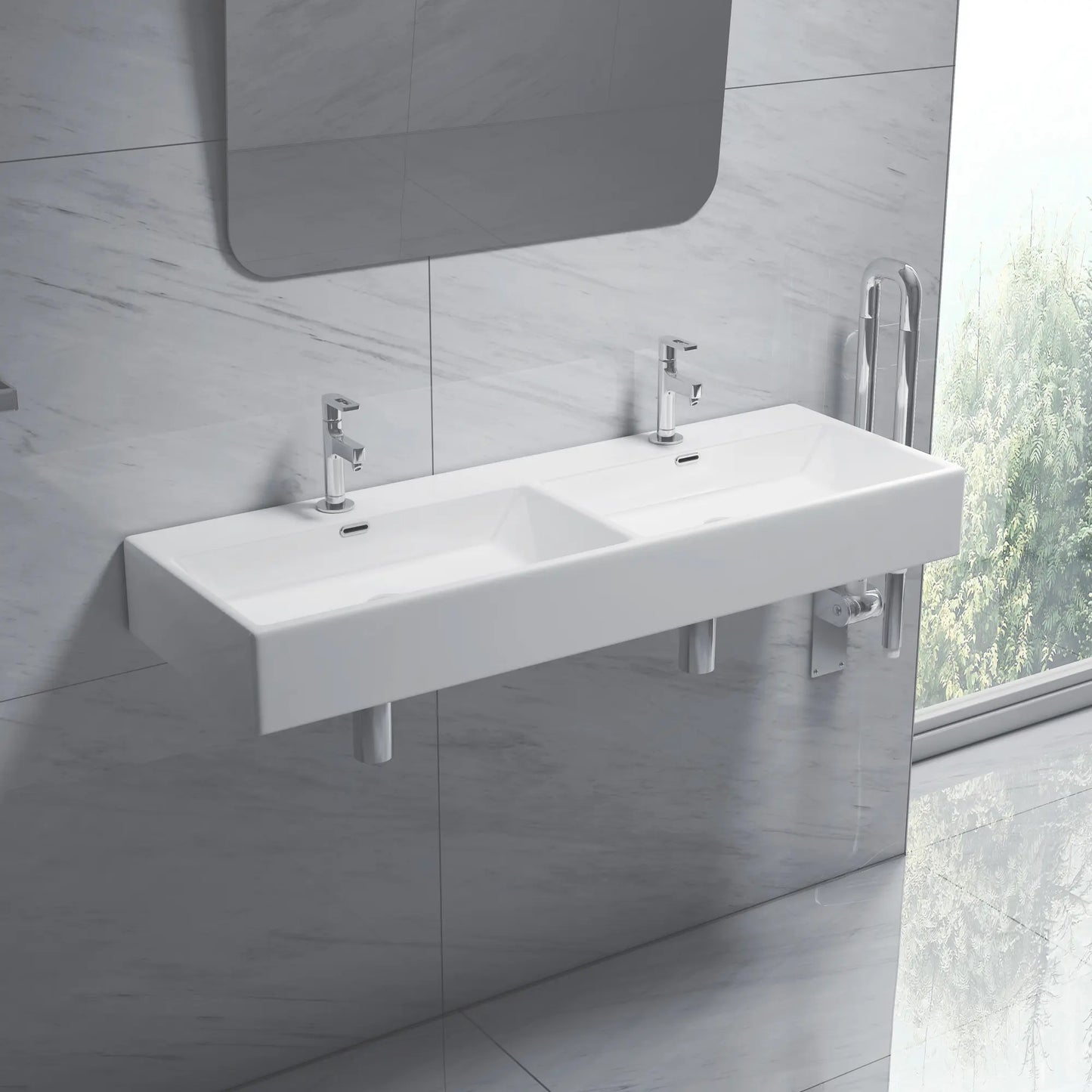 Turner 48" x 16.5" Double Basin White Ceramic Rectangular Wall Mount/Vessel Bathroom Sink For Two