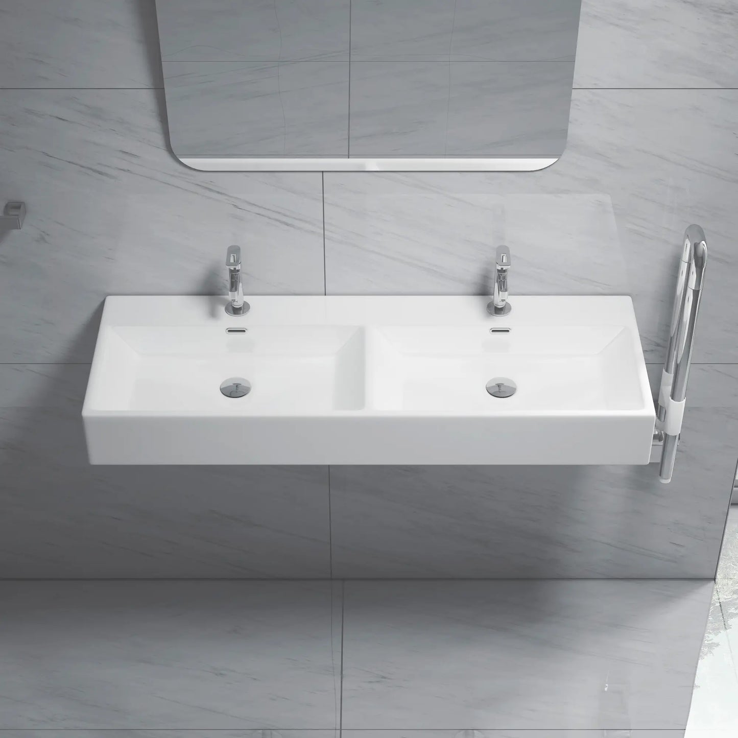 Turner 48" x 16.5" Double Basin White Ceramic Rectangular Wall Mount/Vessel Bathroom Sink For Two