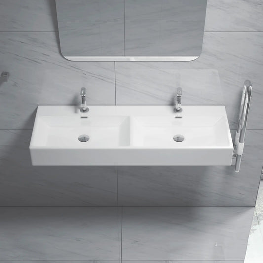Turner 48" x 16.5" Double Basin White Ceramic Rectangular Wall Mount/Vessel Bathroom Sink For Two