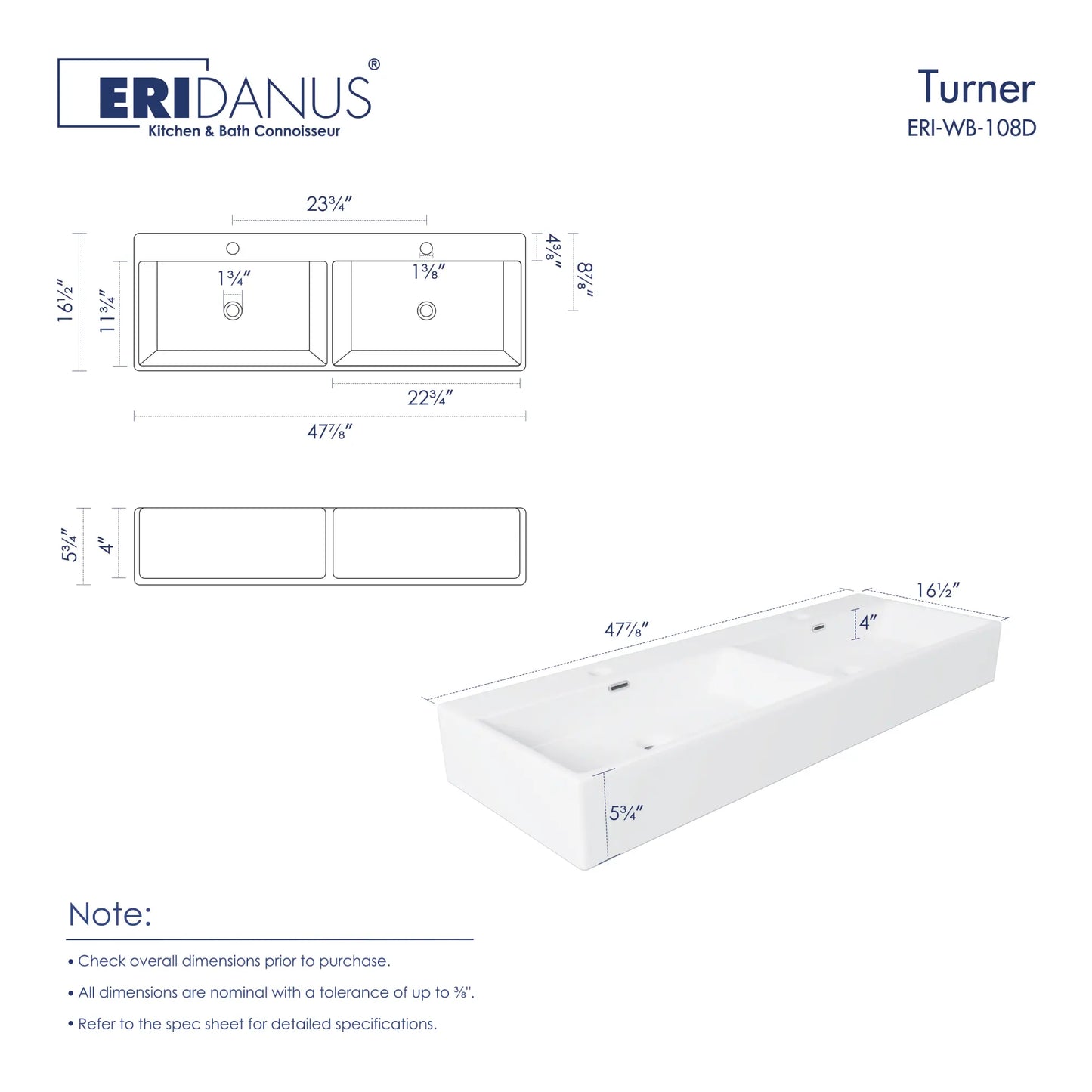 Turner 48" x 16.5" Double Basin White Ceramic Rectangular Wall Mount/Vessel Bathroom Sink For Two