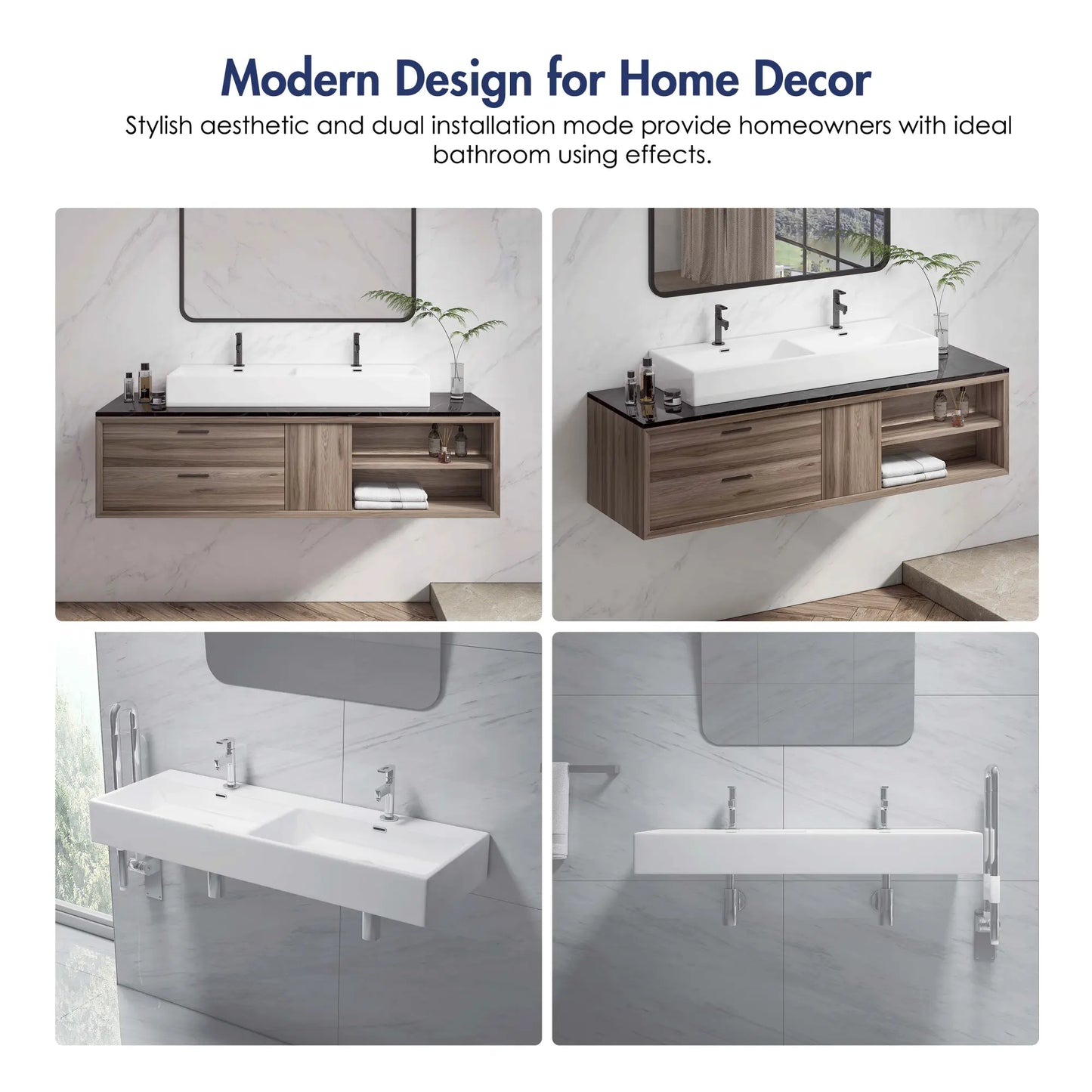 Turner 48" x 16.5" Double Basin White Ceramic Rectangular Wall Mount/Vessel Bathroom Sink For Two