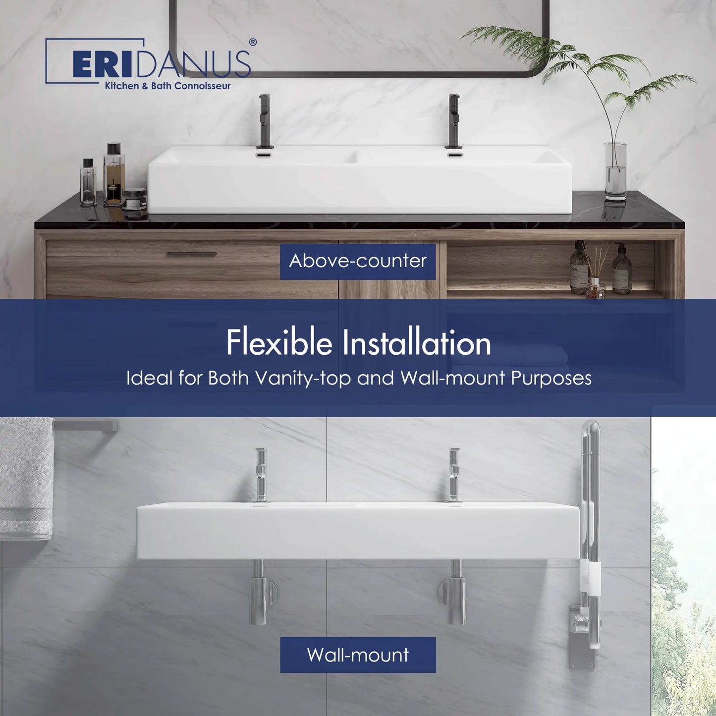 Turner 48" x 16.5" Double Basin White Ceramic Rectangular Wall Mount/Vessel Bathroom Sink For Two