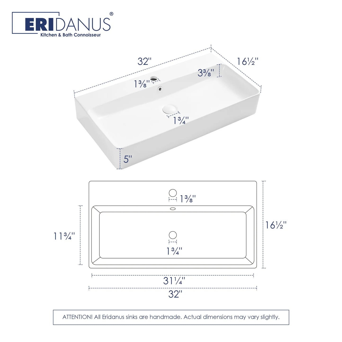 Turner 32" x 16" Vitreous China Rectangular Wall Mount/Vessel Bathroom Sink with Overflow