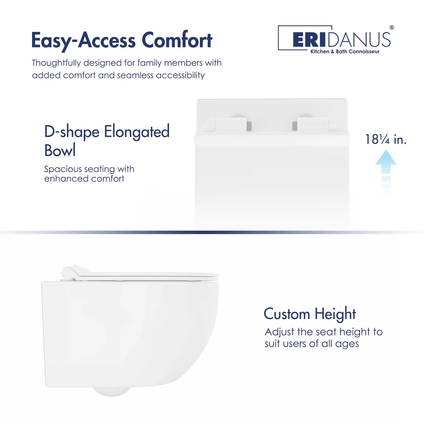 Hampton Wall-hung Elongated Toilet, 0.8/1.6 GPF Dual Flush, Multiple Colors