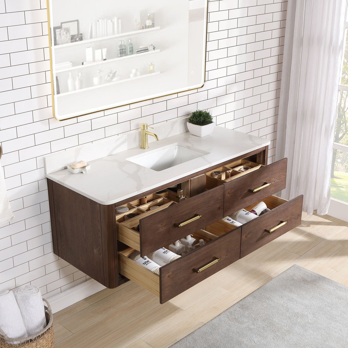 Cristo 55" Floating Single Bath Vanity in Aged Dark Brown Oak with Fish Maw White Quartz Stone Top