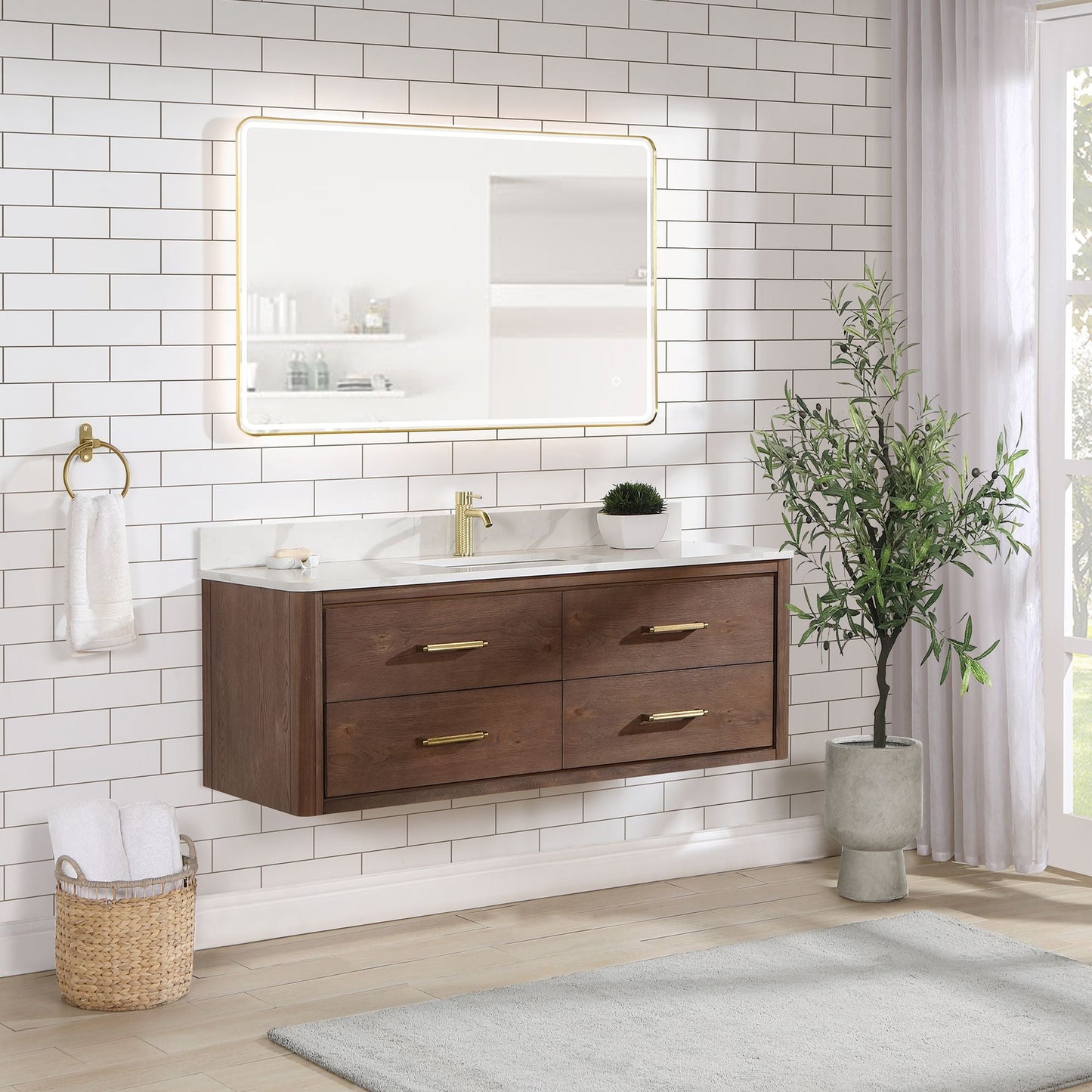 Cristo 55" Floating Single Bath Vanity in Aged Dark Brown Oak with Fish Maw White Quartz Stone Top