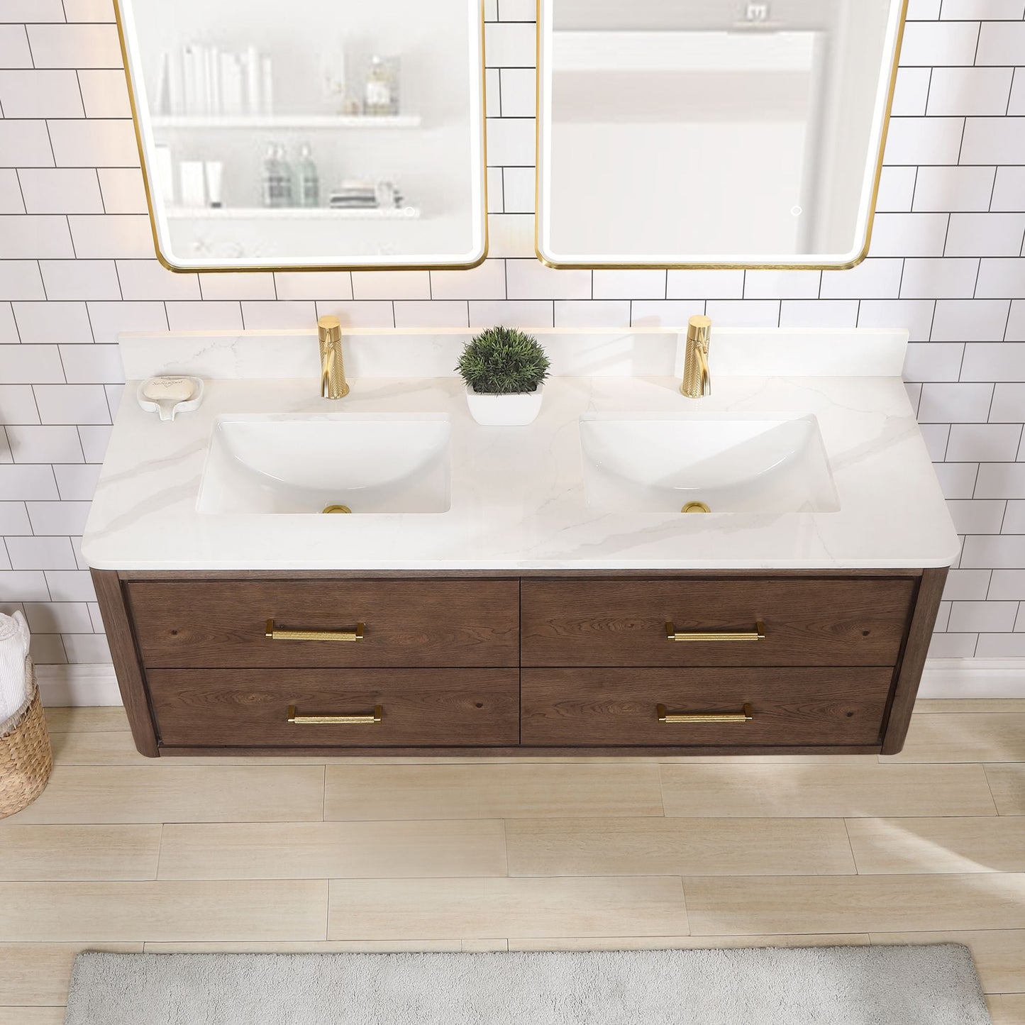 Cristo 60M" Floating Double Bath Vanity in Aged Dark Brown Oak with Fish Maw White Quartz Stone Top