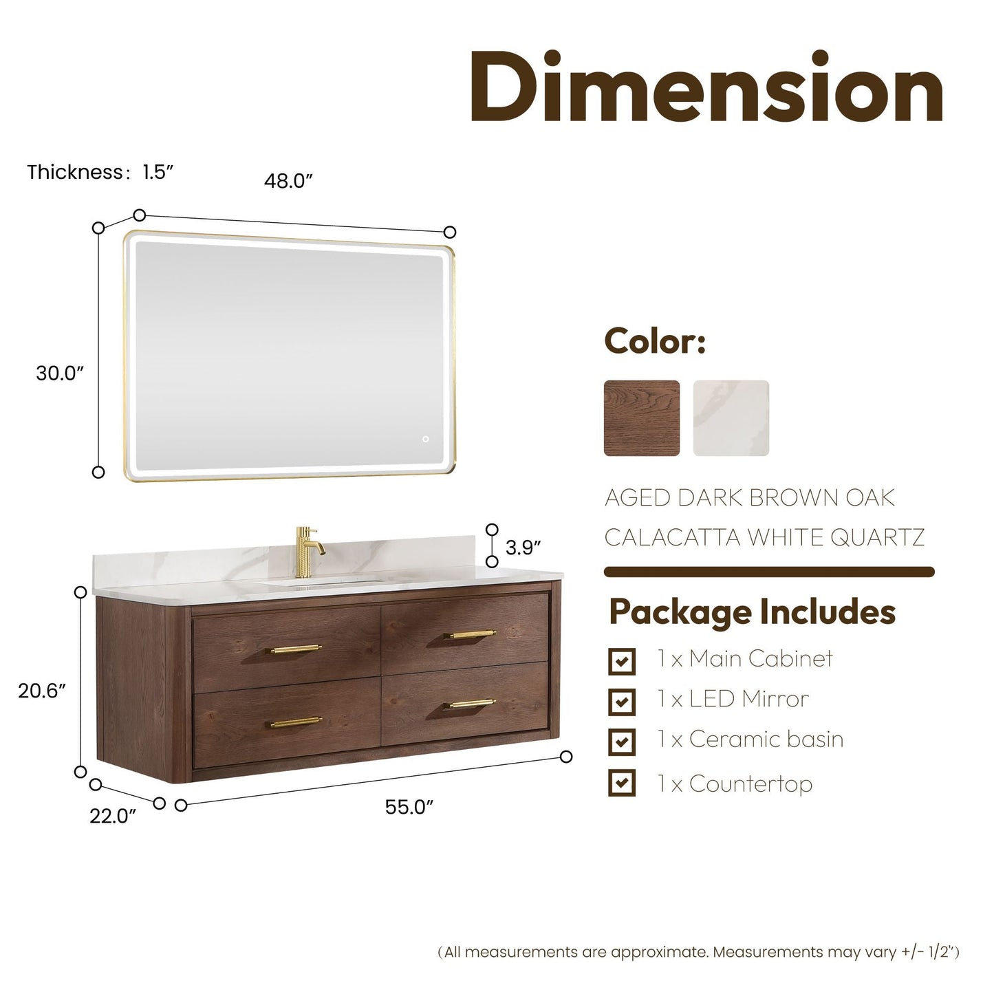 Cristo 55" Floating Single Bath Vanity in Aged Dark Brown Oak with Fish Maw White Quartz Stone Top