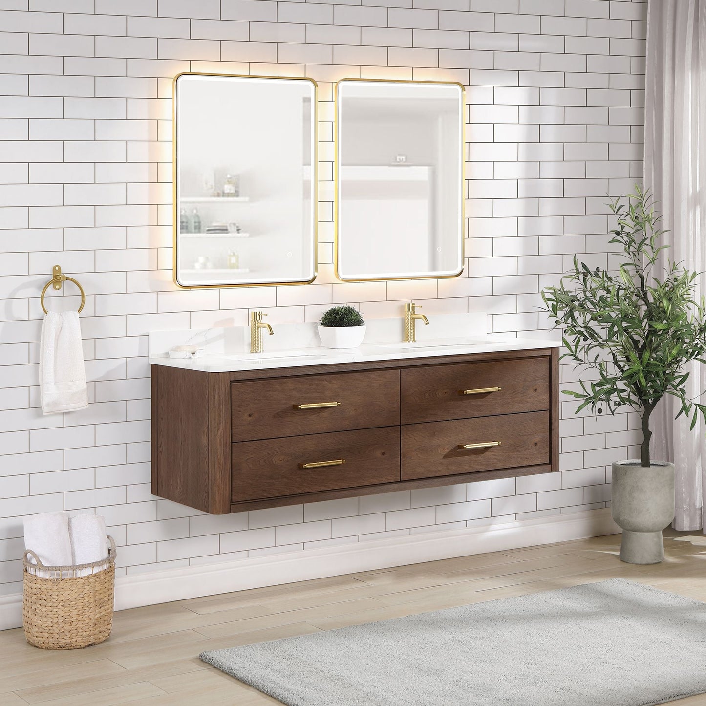 Cristo 60M" Floating Double Bath Vanity in Aged Dark Brown Oak with Fish Maw White Quartz Stone Top