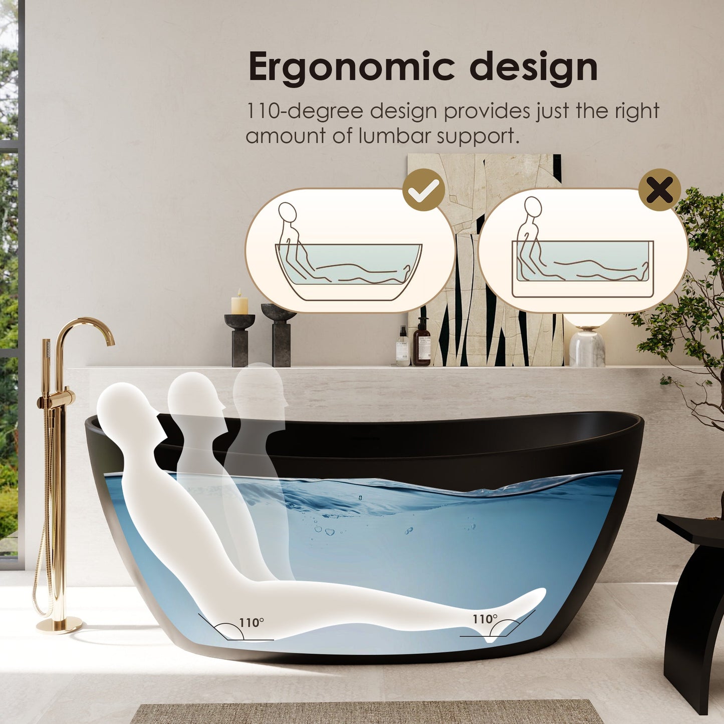 Giselle 65" x 34" Freestanding Solid Surface Soaking Bathtub with Drain and Integrated Overflow