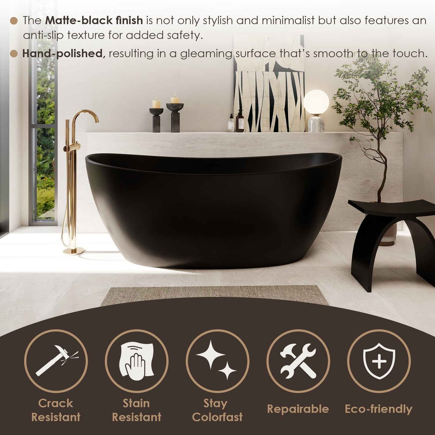 Giselle 65" x 34" Freestanding Solid Surface Soaking Bathtub with Drain and Integrated Overflow