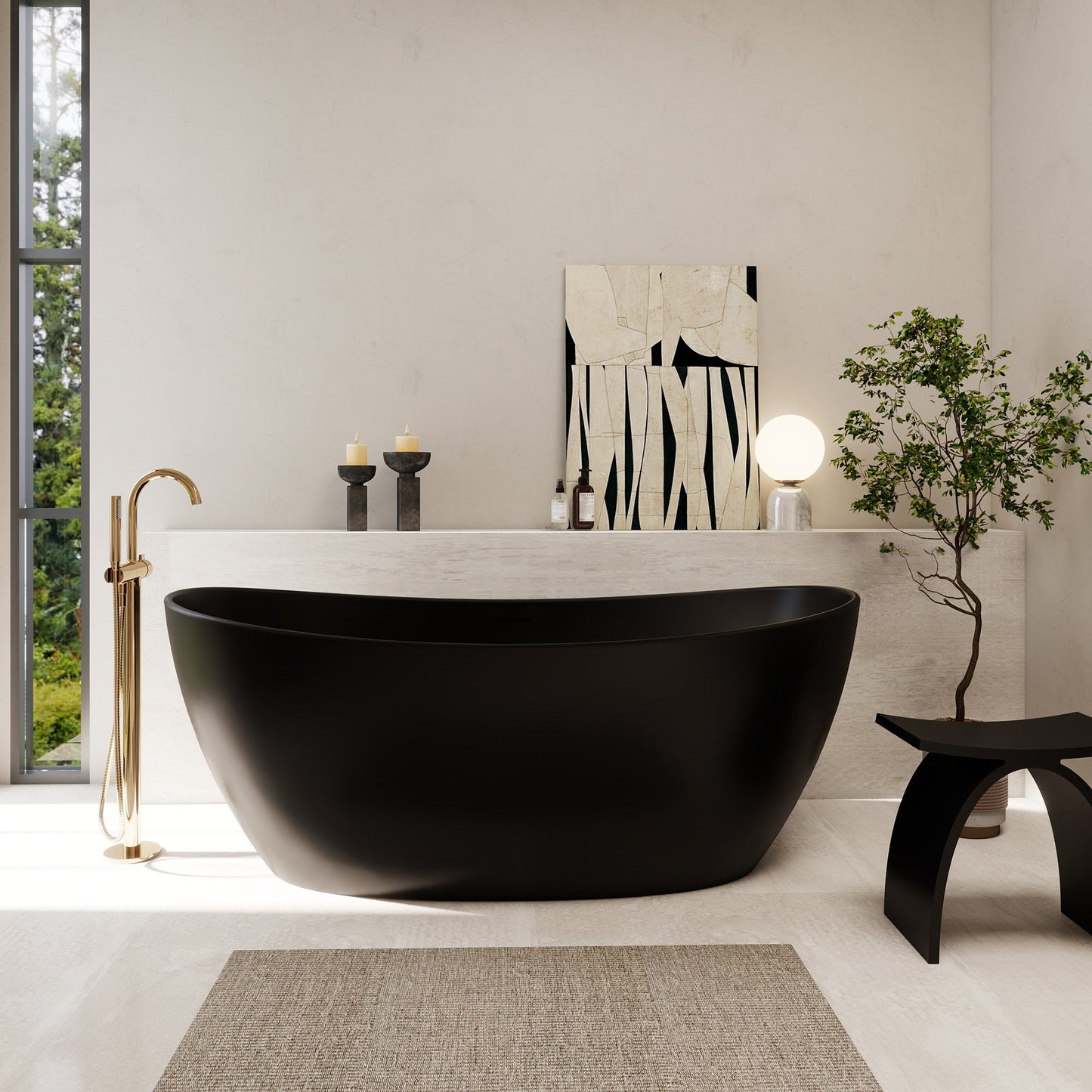 Giselle 65" x 34" Freestanding Solid Surface Soaking Bathtub with Drain and Integrated Overflow