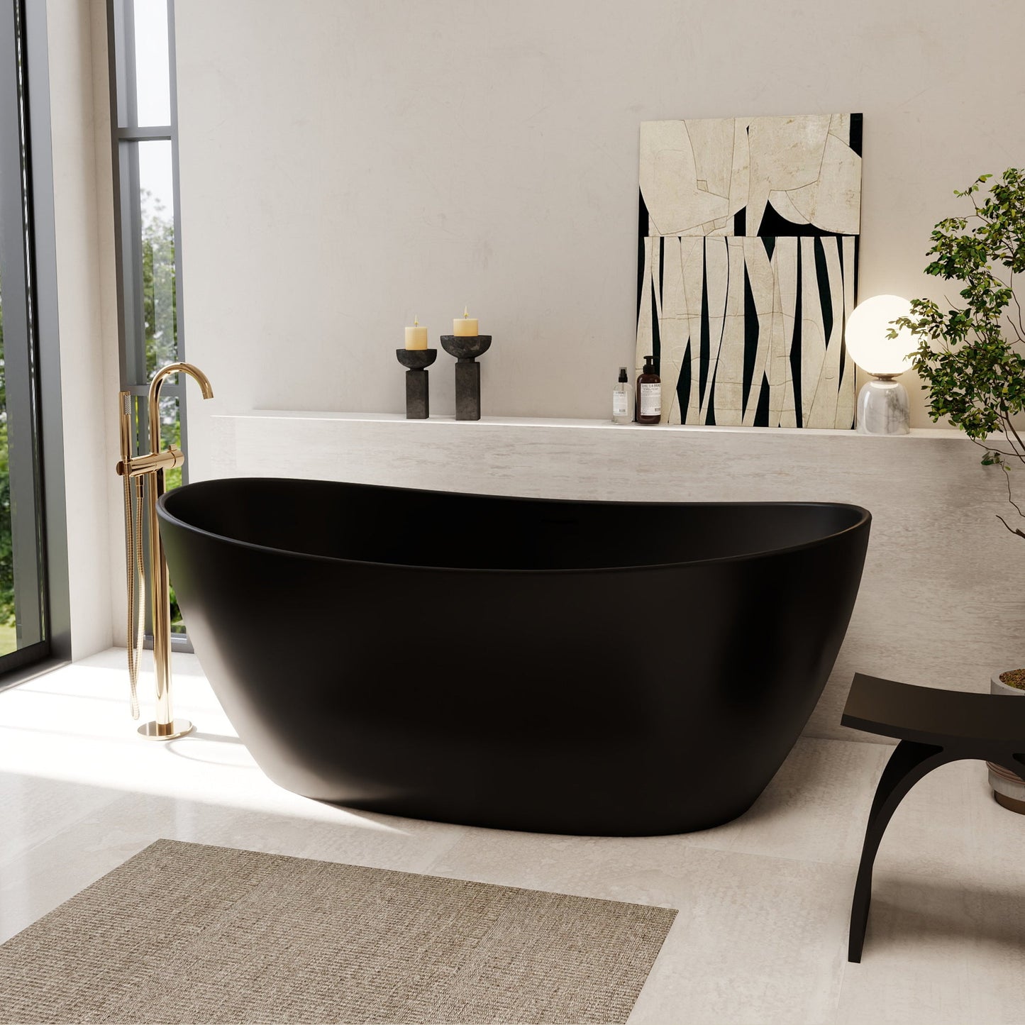 Giselle 65" x 34" Freestanding Solid Surface Soaking Bathtub with Drain and Integrated Overflow