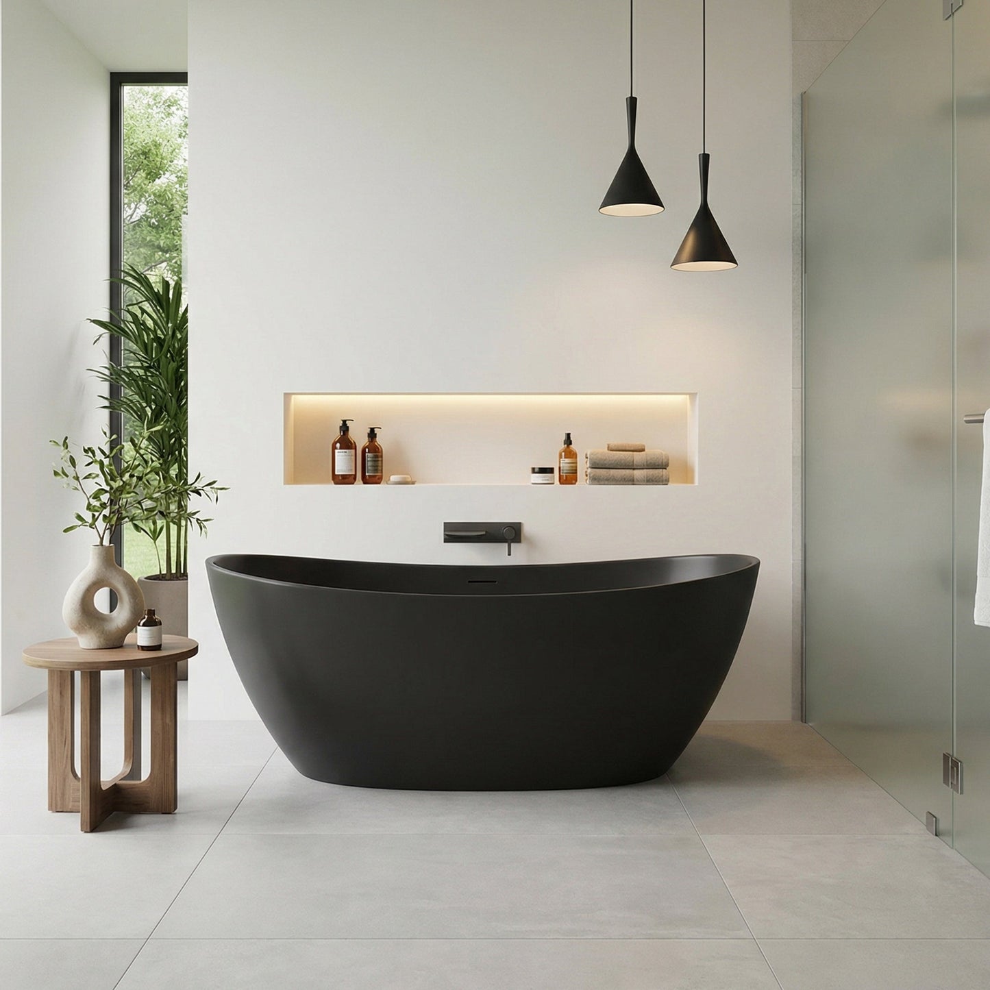 Giselle 65" x 34" Freestanding Solid Surface Soaking Bathtub with Drain and Integrated Overflow