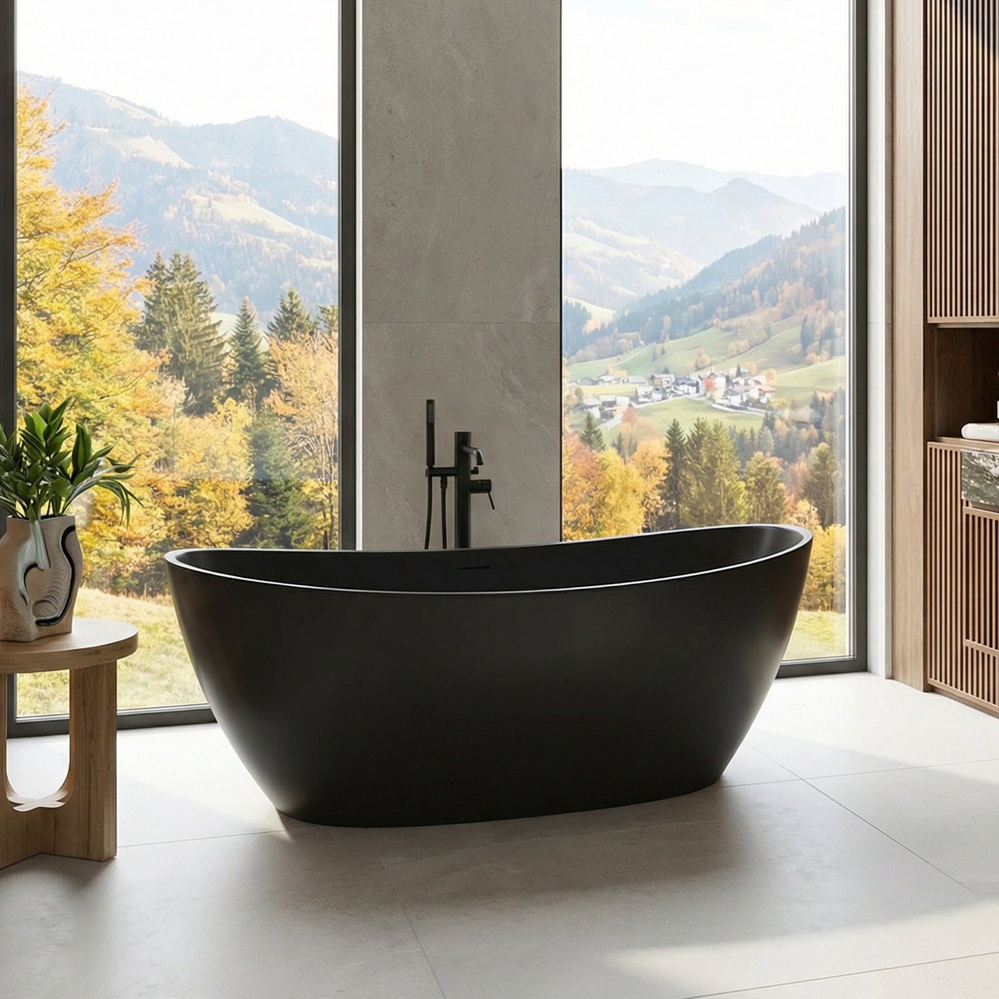 Giselle 65" x 34" Freestanding Solid Surface Soaking Bathtub with Drain and Integrated Overflow