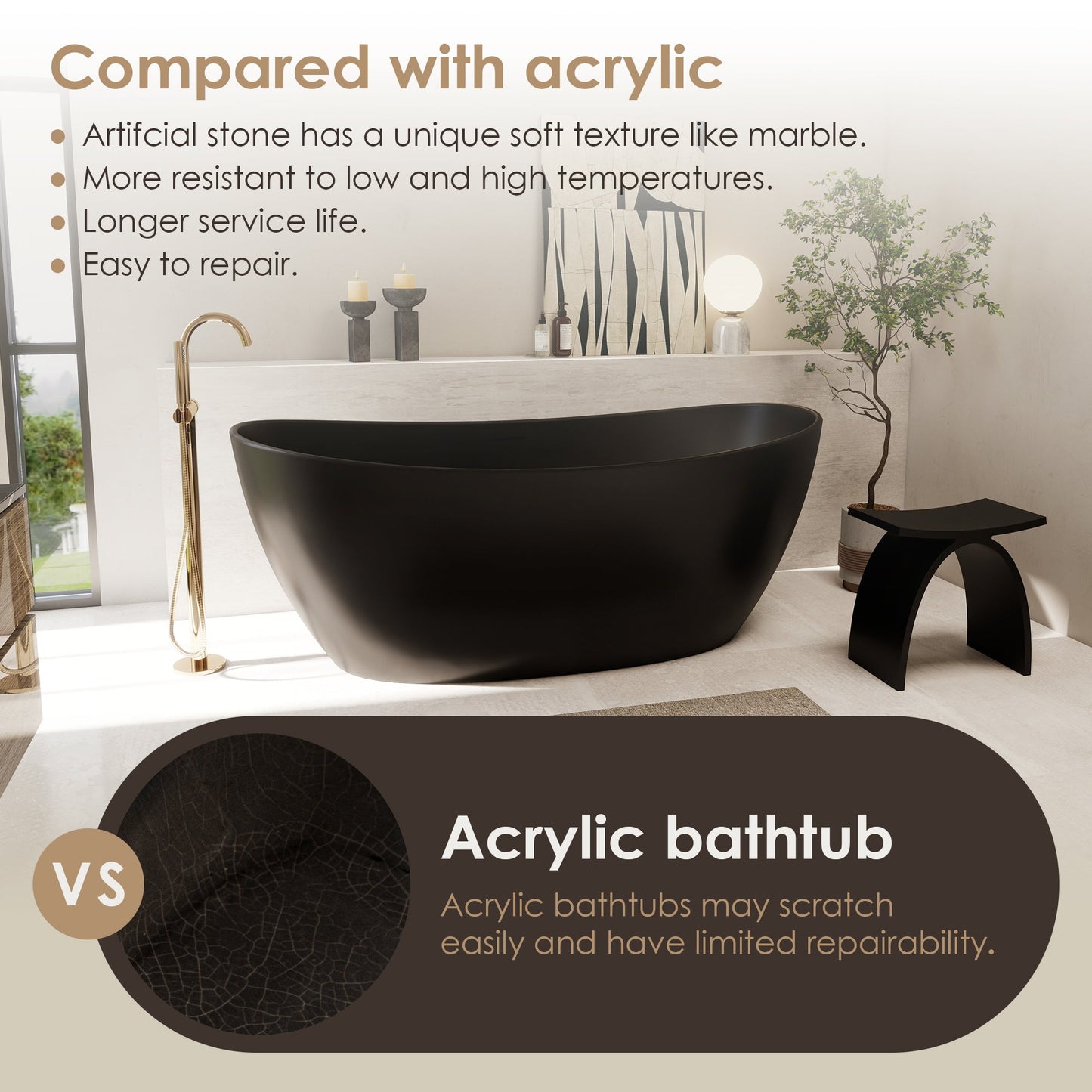 Giselle 65" x 34" Freestanding Solid Surface Soaking Bathtub with Drain and Integrated Overflow