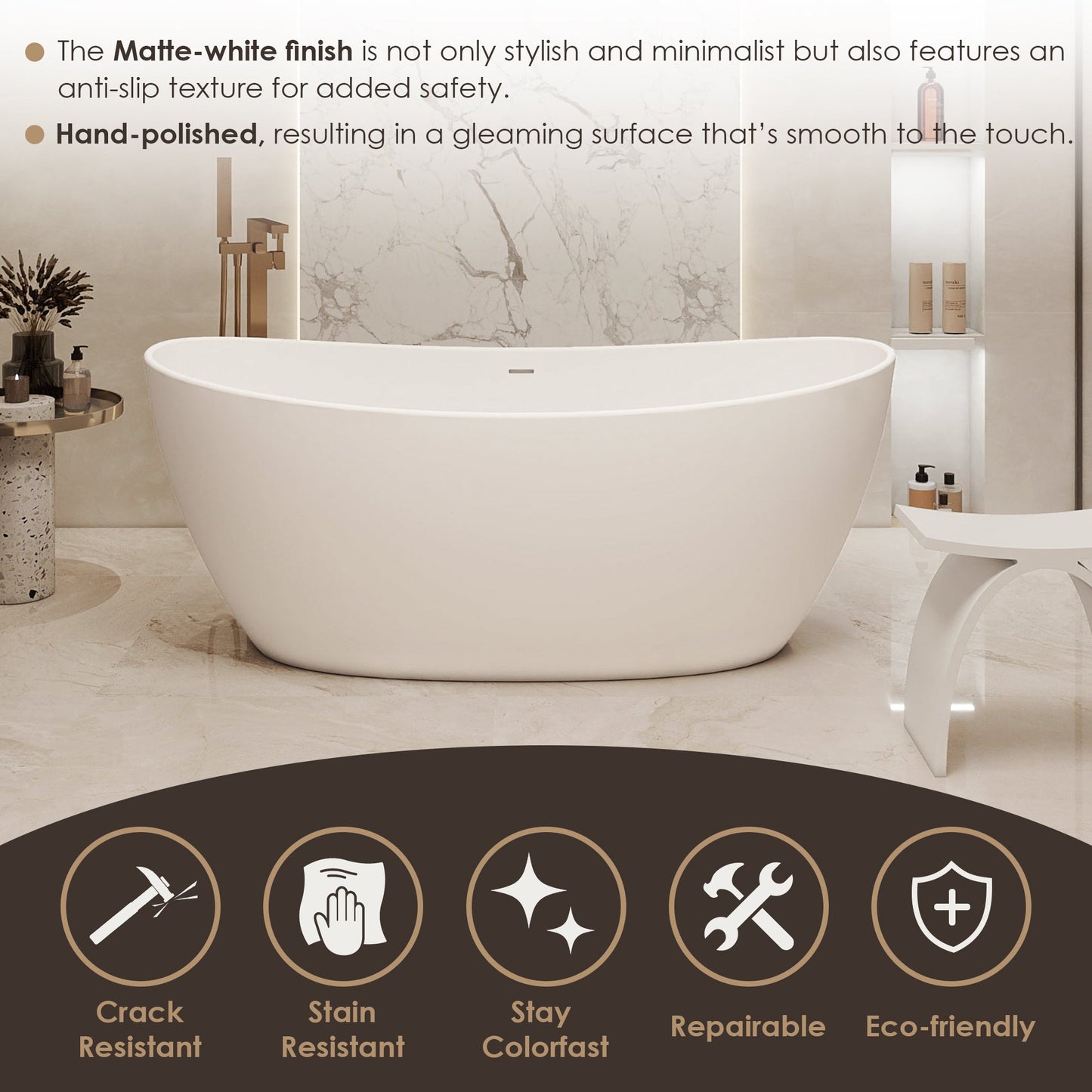 Giselle 65" x 34" Freestanding Solid Surface Soaking Bathtub with Drain and Integrated Overflow