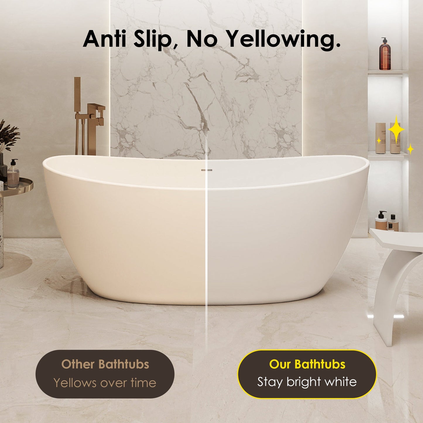 Giselle 65" x 34" Freestanding Solid Surface Soaking Bathtub with Drain and Integrated Overflow