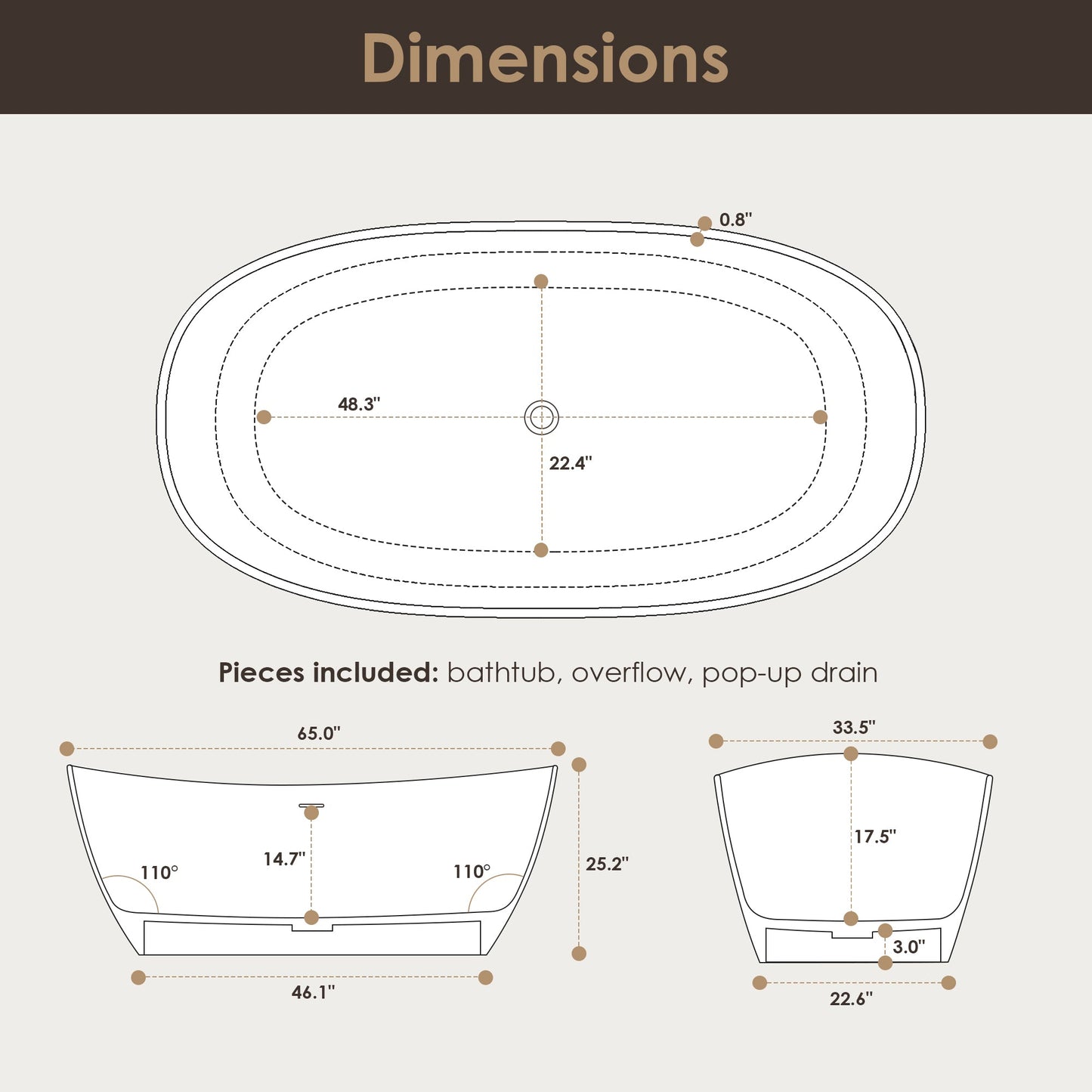 Giselle 65" x 34" Freestanding Solid Surface Soaking Bathtub with Drain and Integrated Overflow
