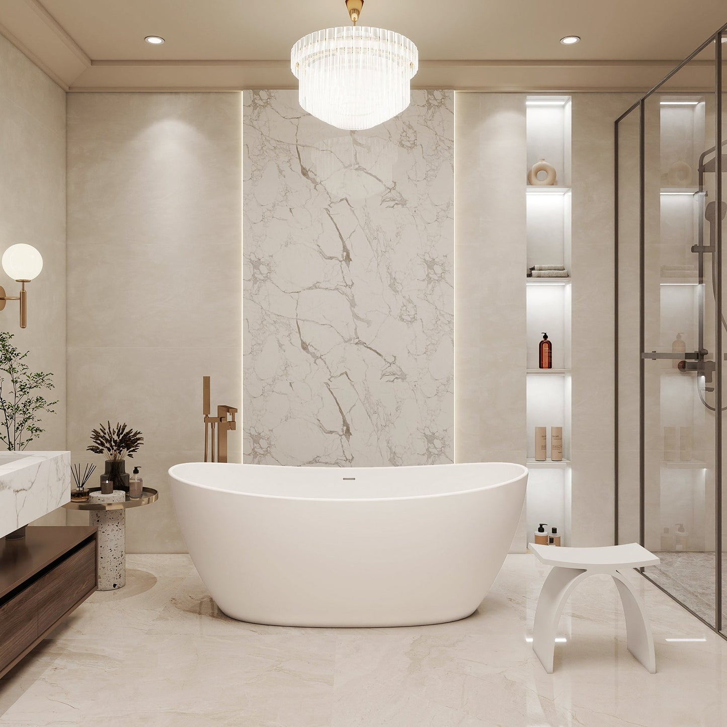 Giselle 65" x 34" Freestanding Solid Surface Soaking Bathtub with Drain and Integrated Overflow