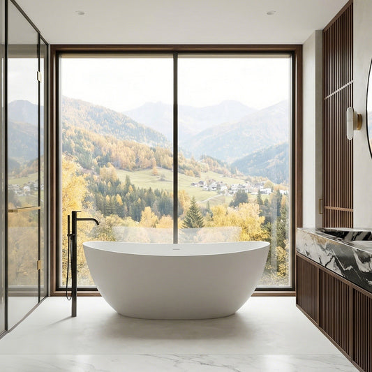 Giselle 65" x 34" Freestanding Solid Surface Soaking Bathtub with Drain and Integrated Overflow