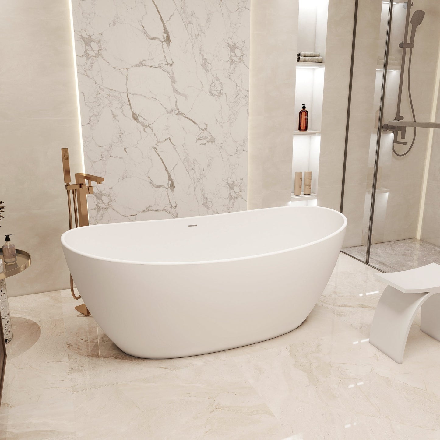 Giselle 65" x 34" Freestanding Solid Surface Soaking Bathtub with Drain and Integrated Overflow
