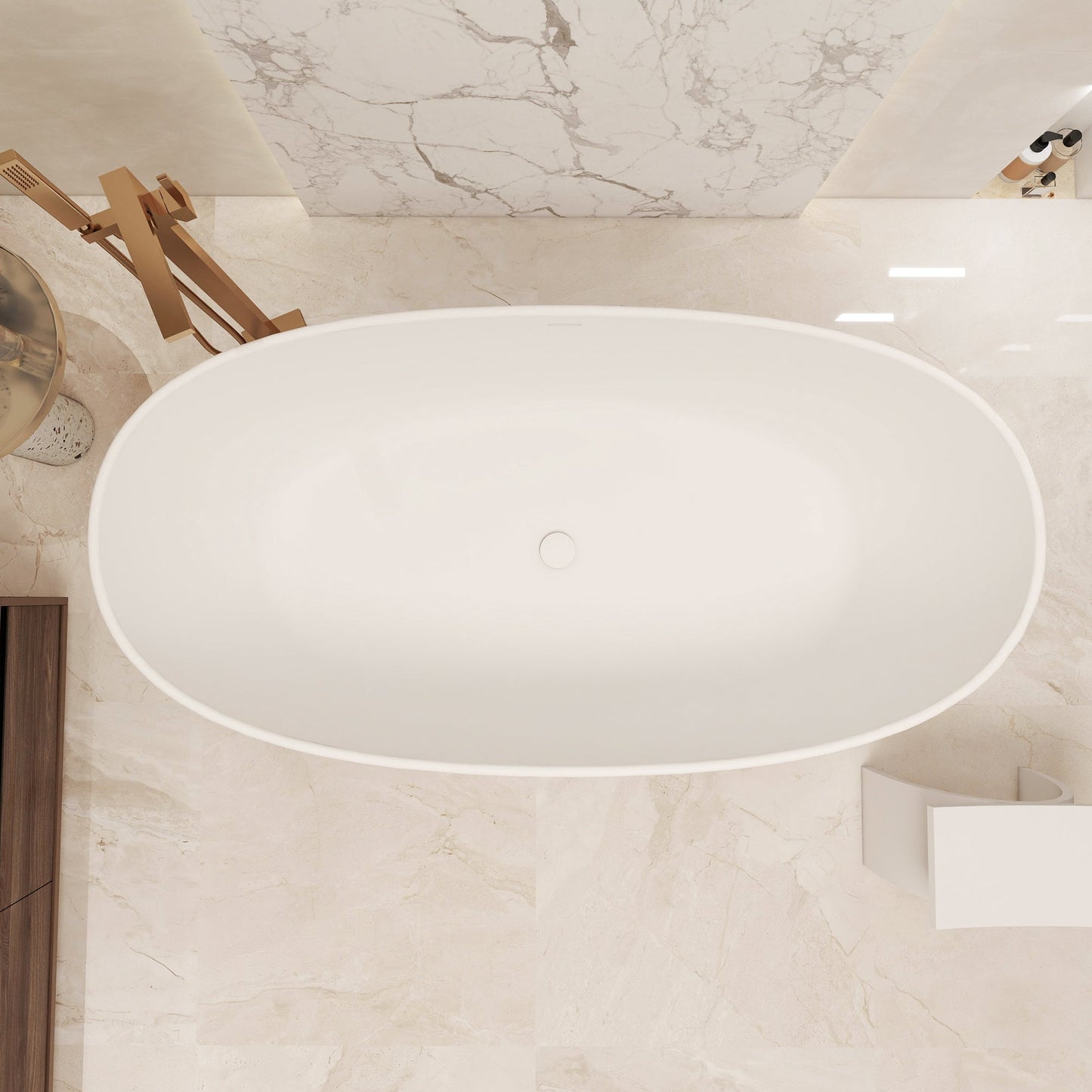 Giselle 65" x 34" Freestanding Solid Surface Soaking Bathtub with Drain and Integrated Overflow