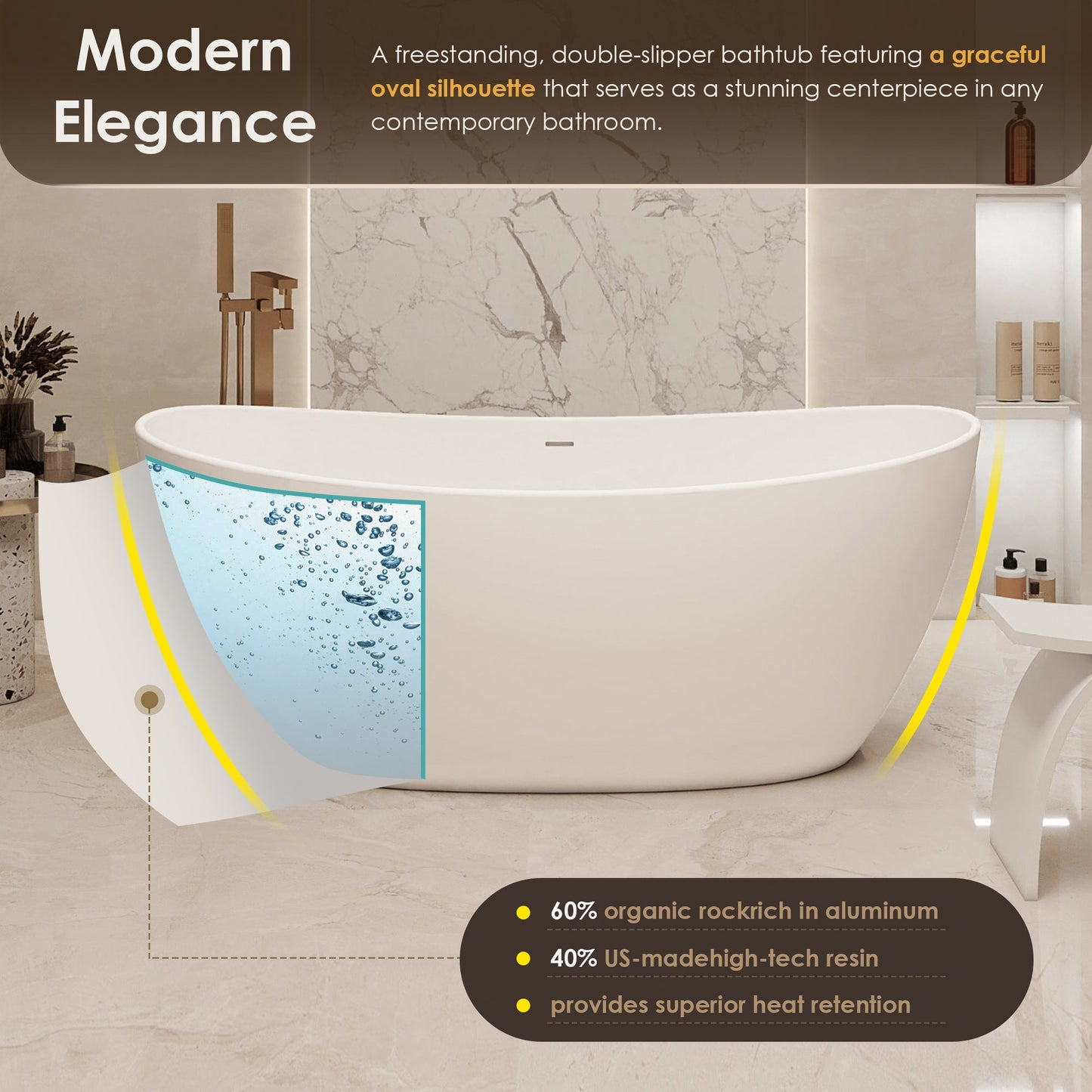 Giselle 65" x 34" Freestanding Solid Surface Soaking Bathtub with Drain and Integrated Overflow