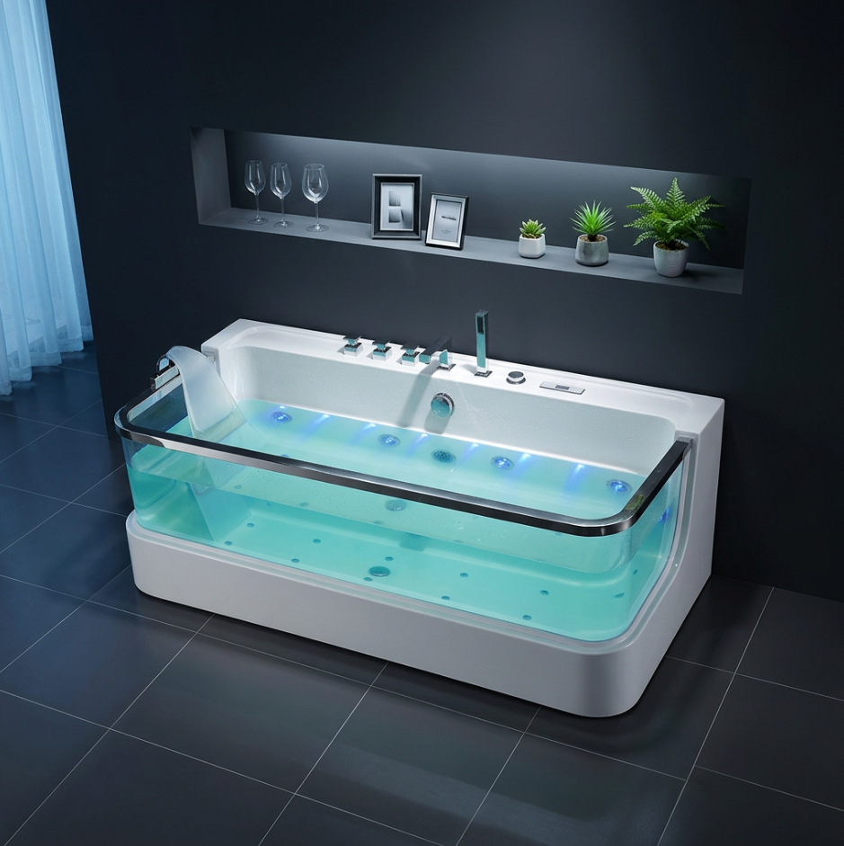 Premium Waterfall Acrylic Whirlpool Massage Bathtub | Glass Front & LED Lighting