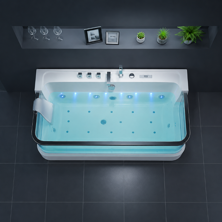 Premium Waterfall Acrylic Whirlpool Massage Bathtub | Glass Front & LED Lighting