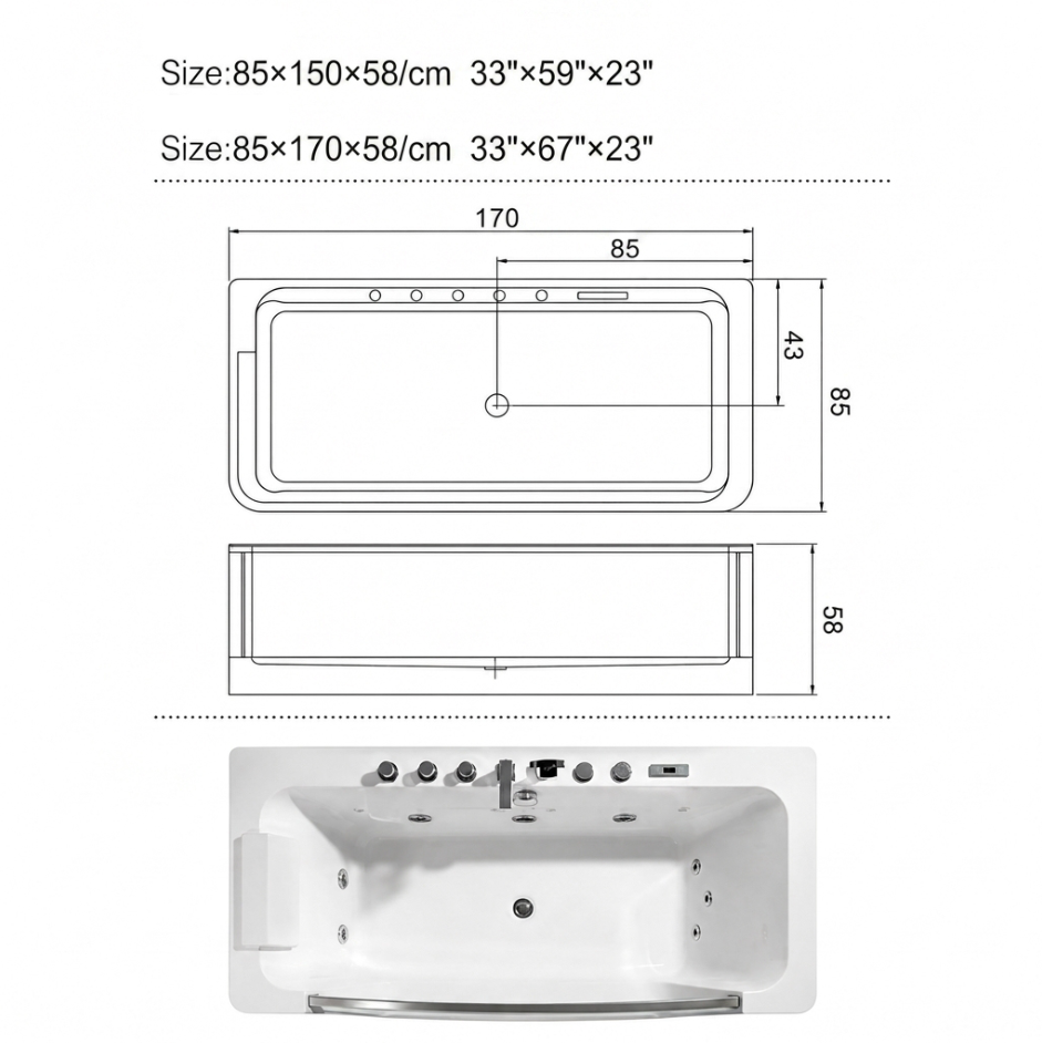 Premium Waterfall Acrylic Whirlpool Massage Bathtub | Glass Front & LED Lighting