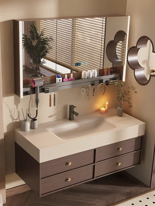 Light-luxury Style Stone One-piece Basin Wall-mounted Bathroom Vanity | Washroom Sink & Cabinet With Mirror Lights