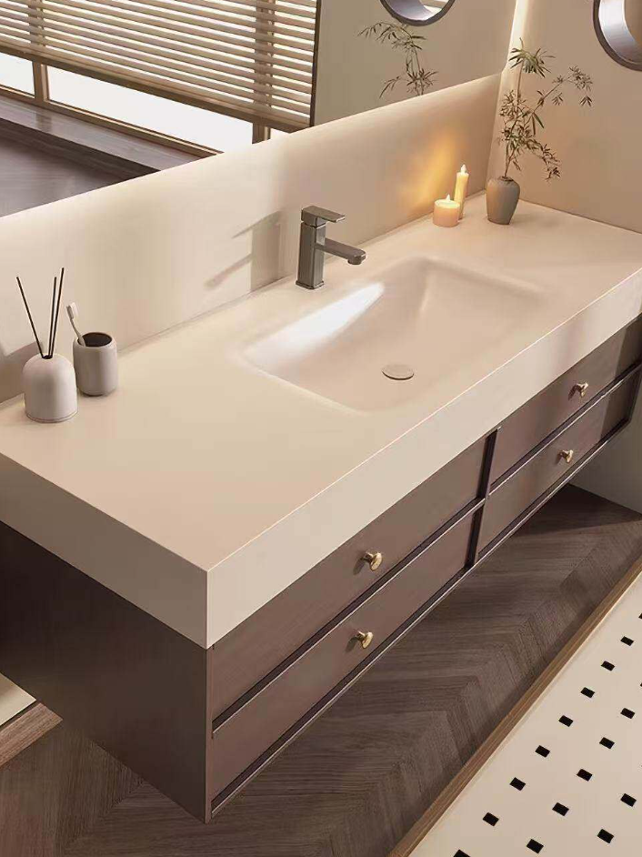 Light-luxury Style Stone One-piece Basin Wall-mounted Bathroom Vanity | Washroom Sink & Cabinet With Mirror Lights