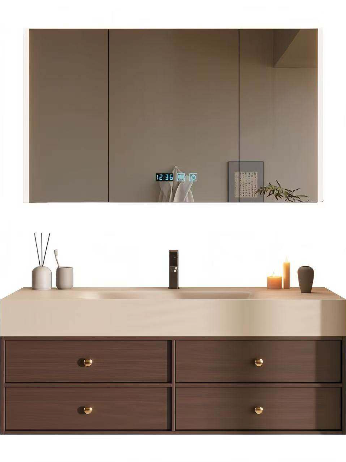 Light-luxury Style Stone One-piece Basin Wall-mounted Bathroom Vanity | Washroom Sink & Cabinet With Mirror Lights