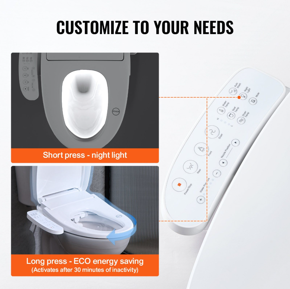 Electric Smart Heated Bidet Toilet Seat | Side Arm Control | Elongated Design