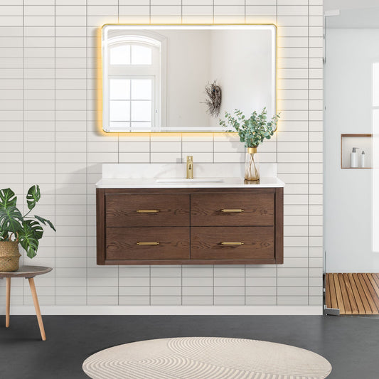 Cristo 48" Floating Single Bath Vanity in Aged Dark Brown Oak with Fish Maw White Quartz Stone Top