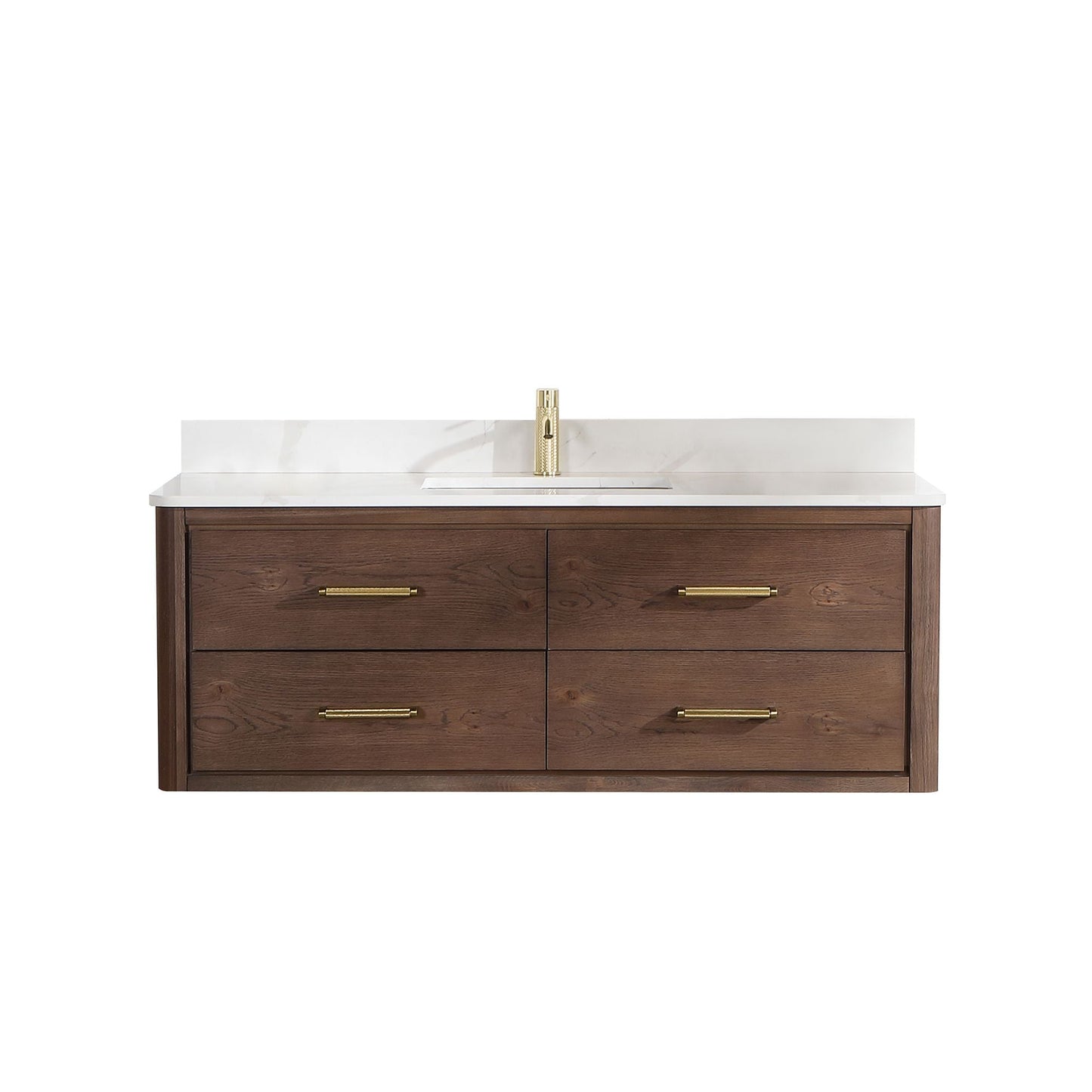 Cristo 55" Floating Single Bath Vanity in Aged Dark Brown Oak with Fish Maw White Quartz Stone Top