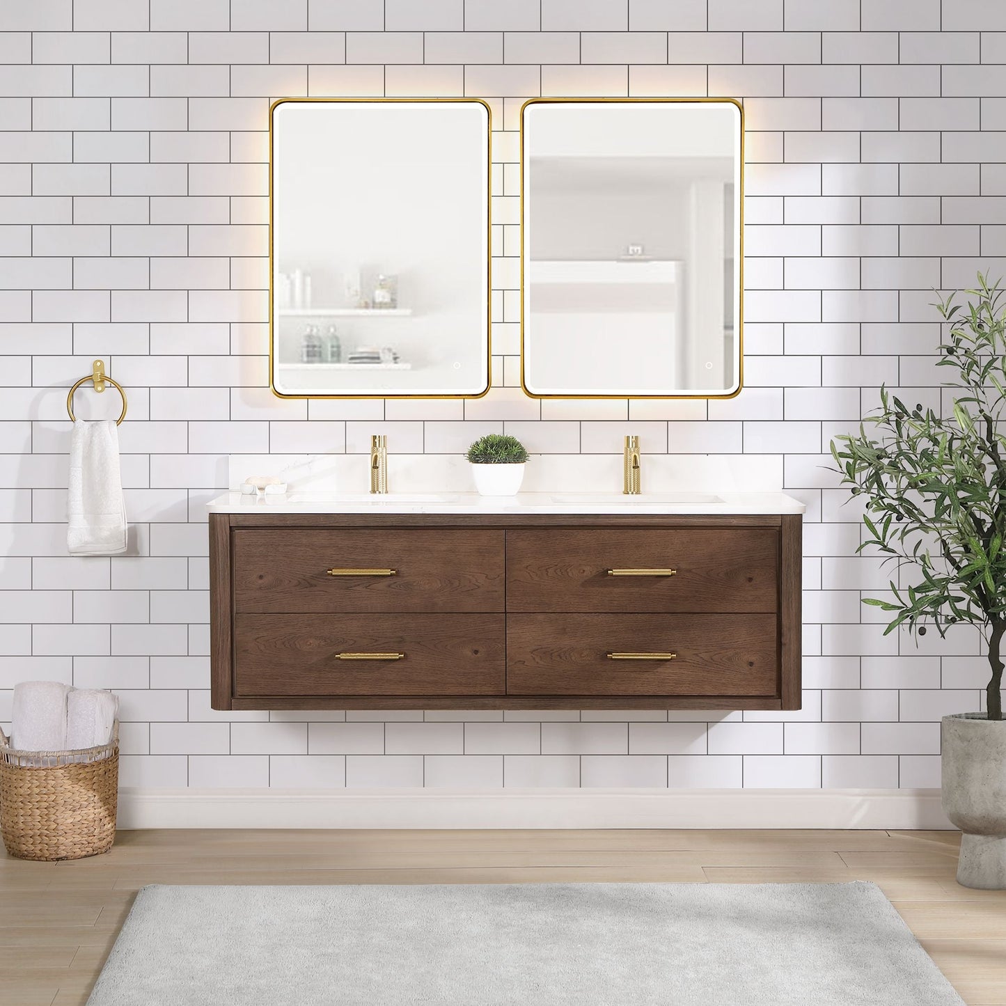 Cristo 60M" Floating Double Bath Vanity in Aged Dark Brown Oak with Fish Maw White Quartz Stone Top