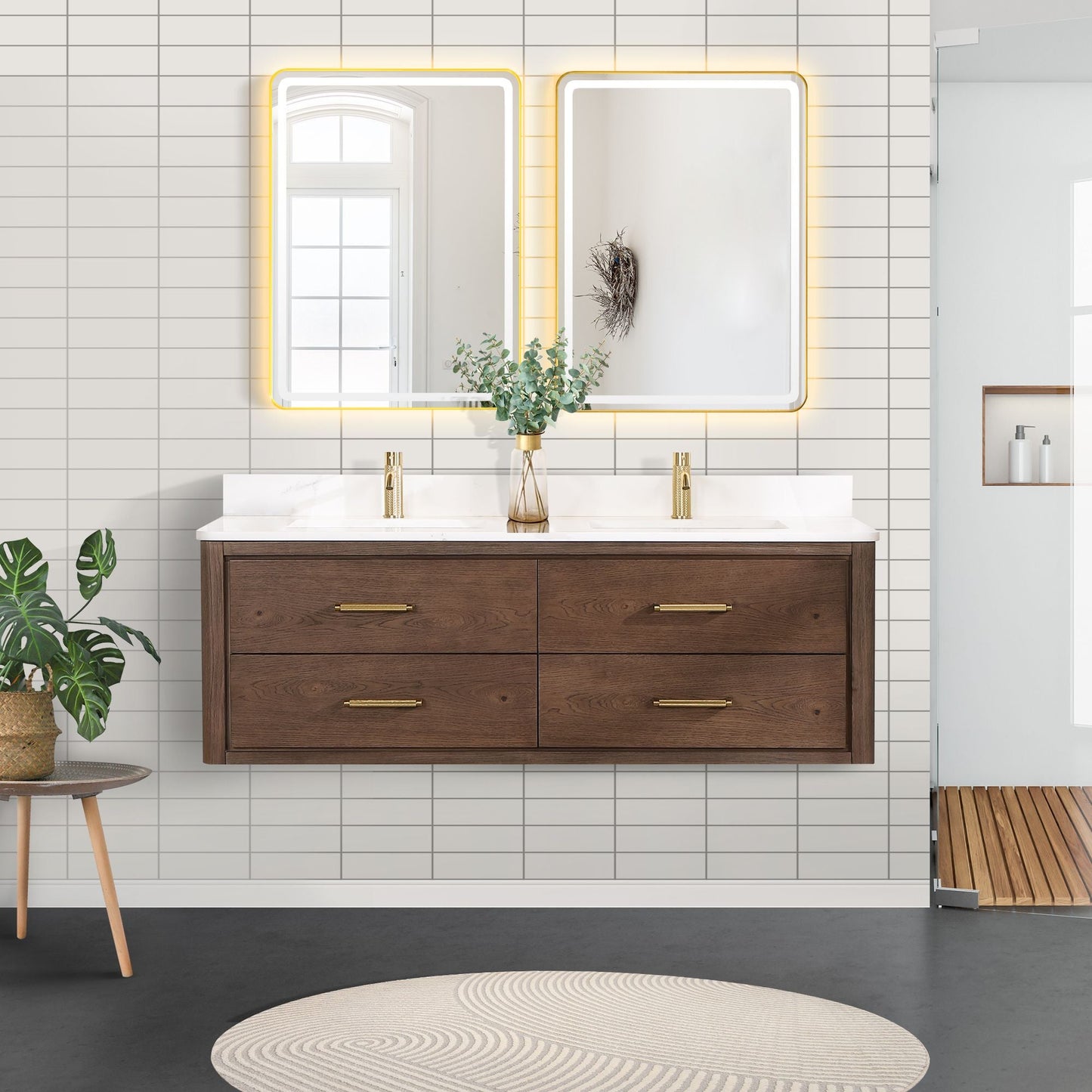 Cristo 60M" Floating Double Bath Vanity in Aged Dark Brown Oak with Fish Maw White Quartz Stone Top