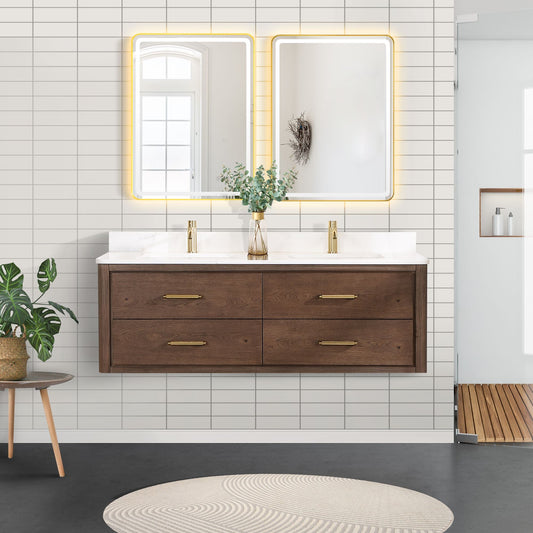 Cristo 60M" Floating Double Bath Vanity in Aged Dark Brown Oak with Fish Maw White Quartz Stone Top