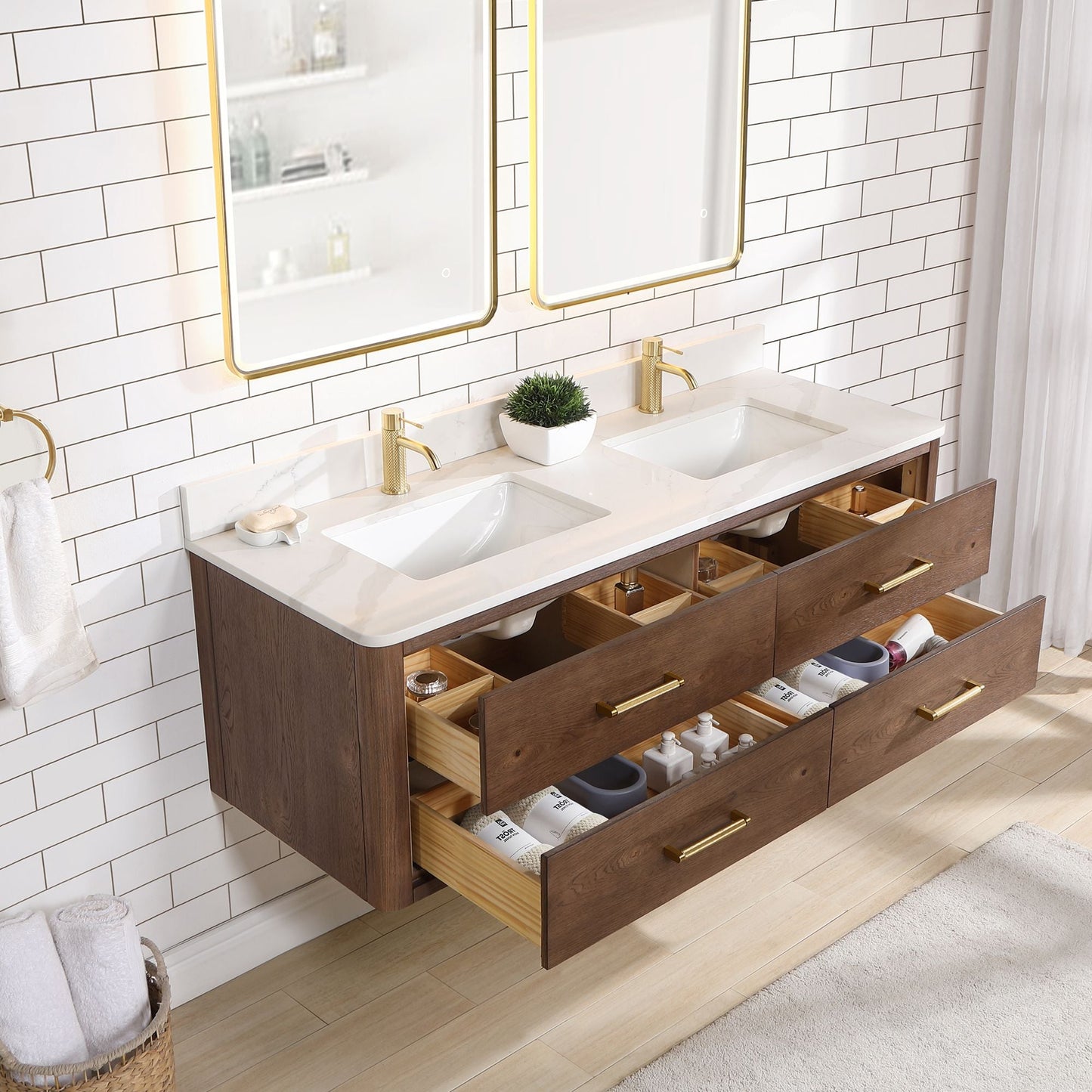 Cristo 60M" Floating Double Bath Vanity in Aged Dark Brown Oak with Fish Maw White Quartz Stone Top
